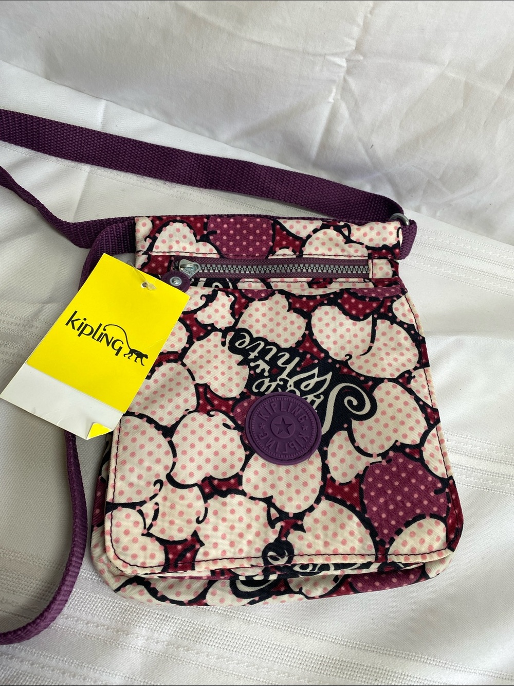 Rare Kipling Pink and Purple Floral Crossbody Bag Snow White NEW